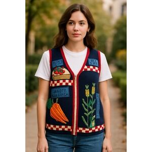 Capacity Embroidered Knit Sweater Vest Vegetable SZ Large Farm Cottagecore Retro